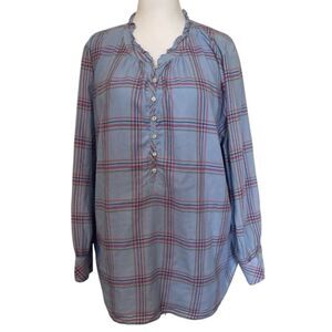Talbots Plus Blue Plaid Button Down Long Sleeve Lined Shirt Size 3X 100% Cotton